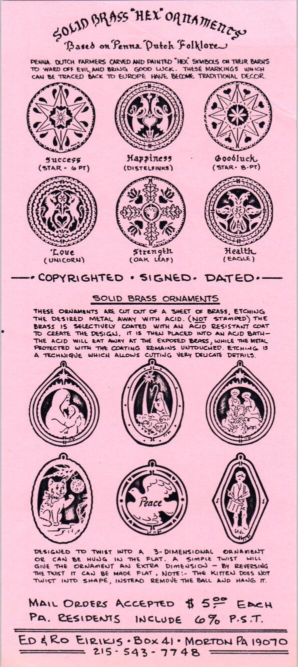 1970s Brass Hex Ornaments Dutch Folk Art Ed & Ro Eirkis Morton PA Leaflet H5-4